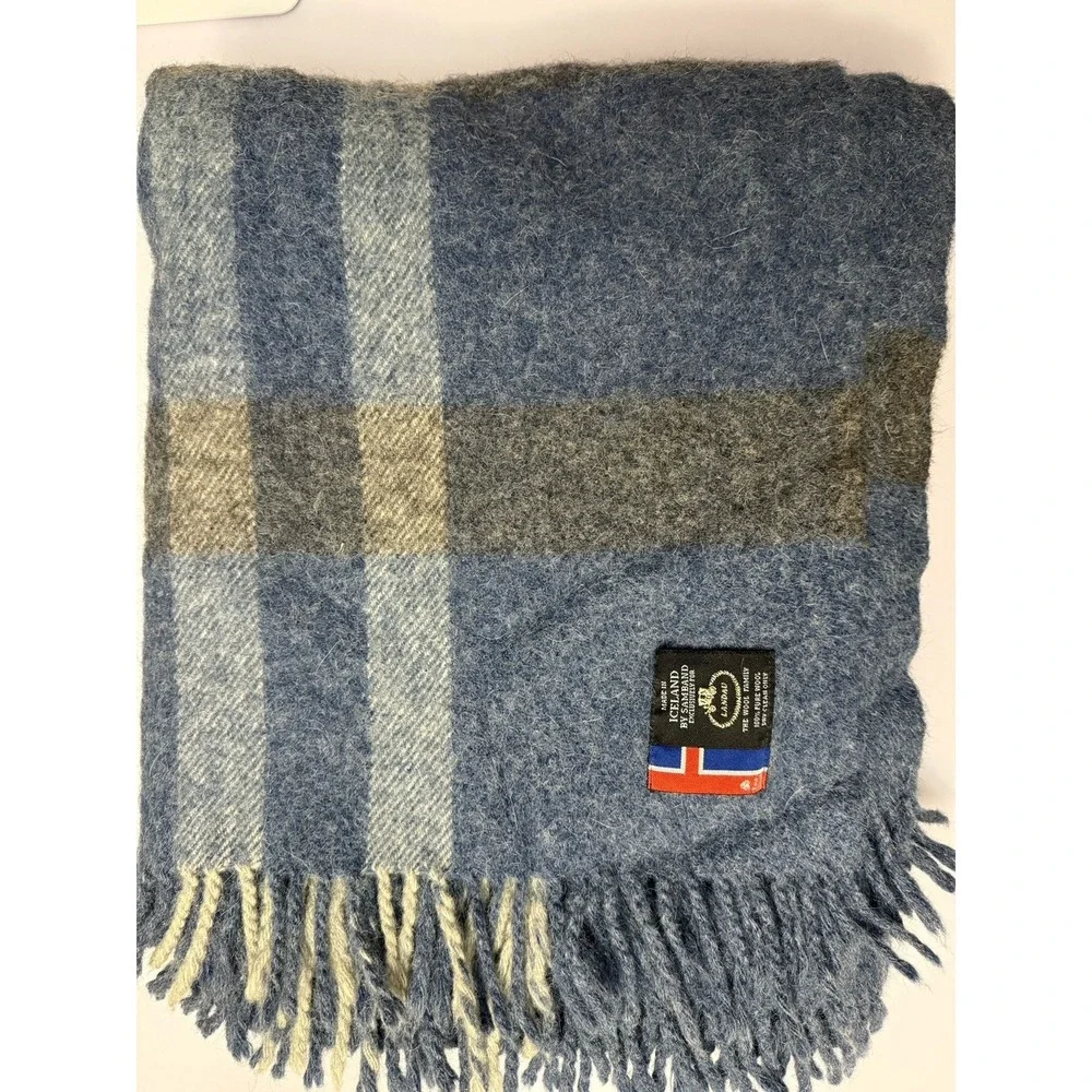 Samband Landau Wool Throw Blanket Plaid Blue Grey Made in Iceland OS